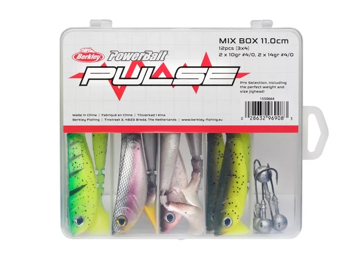 Berkley Pulse Shad Box 11cm – 12 Gummifische + 4 Jighaken im Set