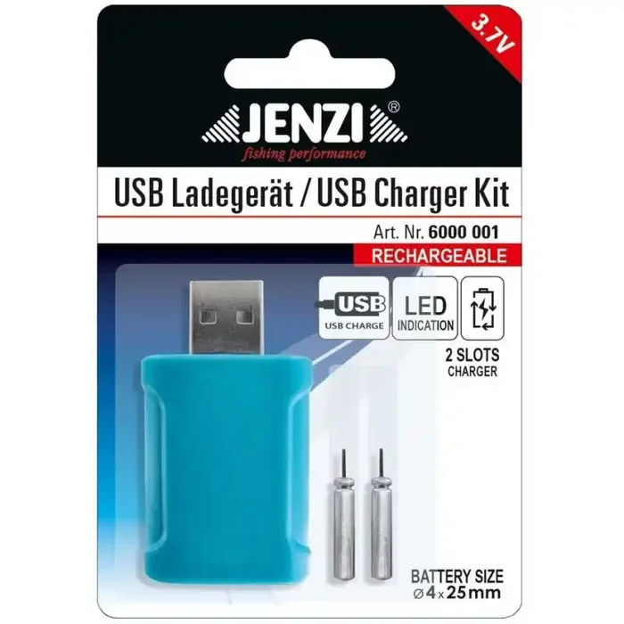 Caricabatterie USB JENZI con 2 batterie 4x25mm