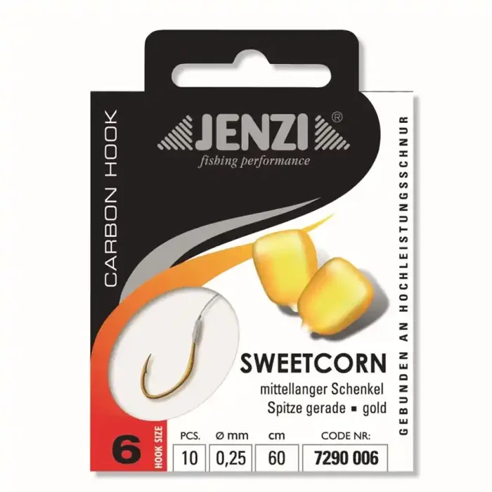 JENZI Zielfischhaken Gebunden Premium Sweetcorn Gr.6 60cm 0,25mm Gold 10Stk.