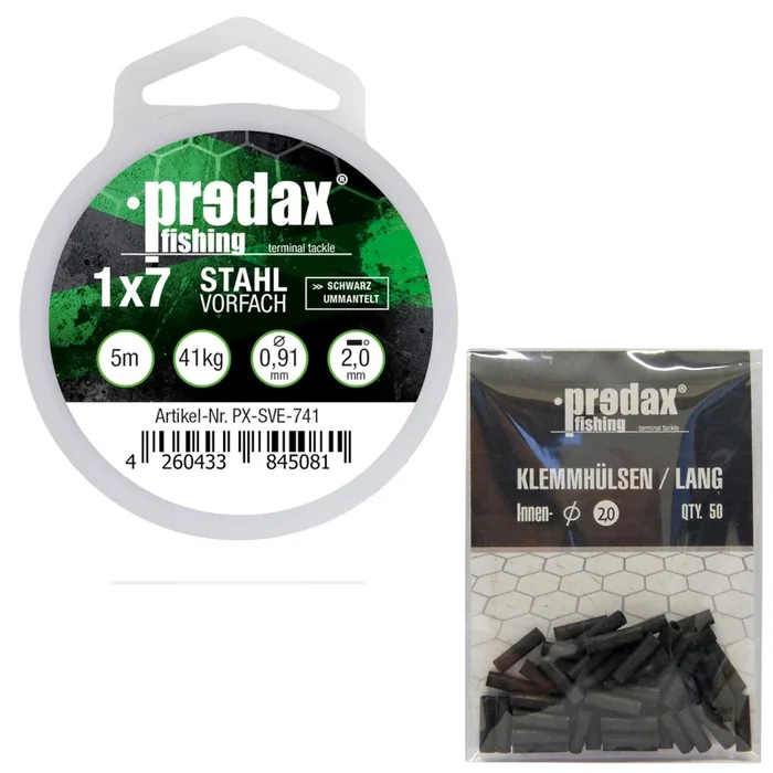 Predax Stahlvorfach 1×7 schwarz 5m 41kg + 50 Klemmhülsen 2,0mm – Set