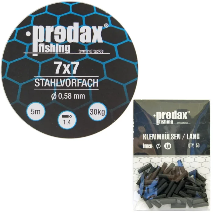 Predax Stahlvorfach 7×7 braun 5m 30kg + 50 Klemmhülsen 1,8mm – Set
