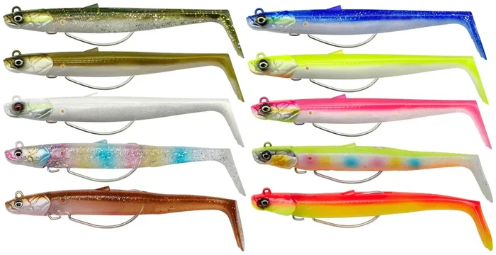 Savage Gear Sandeel V2 weedless – 2 Gummifische + 1 Jigkopf 13cm / 33g / Lemon Back Fluo