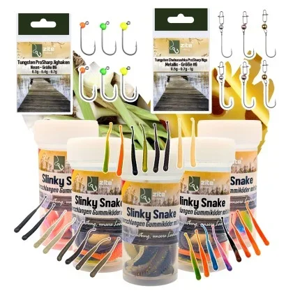 Zite Fishing Slinky Snake Starter Set – 40 Gummiköder Knoblauch & Käse Aroma + 12 ProSharp Haken